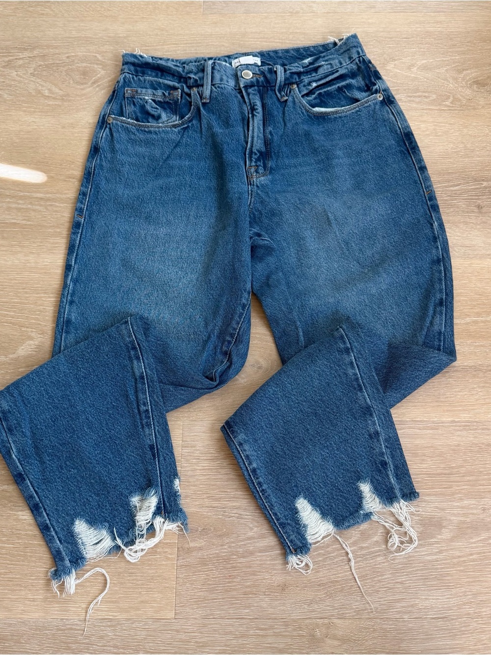 Good American Dark Blue High-Rise Distressed Hem Jeans